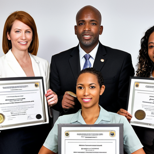 Home 24 **Public Administration Certificate Importance**: Create an image depicting a diverse group of professionals in a government office setting, showcasing individuals holding their Public Administration Certificates. Include elements like government documents, policy discussions, and teamwork to illustrate the importance of this certification for a successful career in public service.