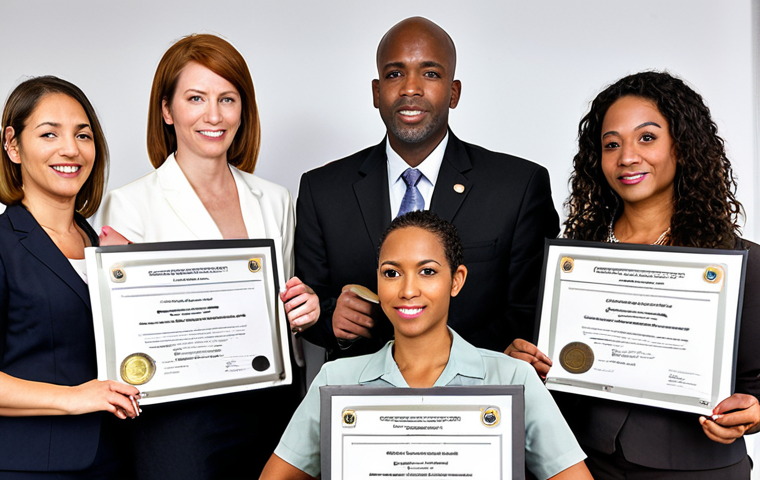 **Public Administration Certificate Importance**: Create an image depicting a diverse group of professionals in a government office setting, showcasing individuals holding their Public Administration Certificates. Include elements like government documents, policy discussions, and teamwork to illustrate the importance of this certification for a successful career in public service.