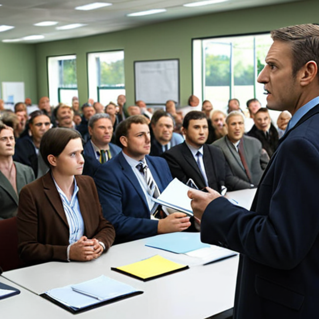 A government manager in a field office, addressing a crowd of local citizens, listening to their concerns and taking notes. Focus on conveying trust and engagement. (Concept: Public Service)
