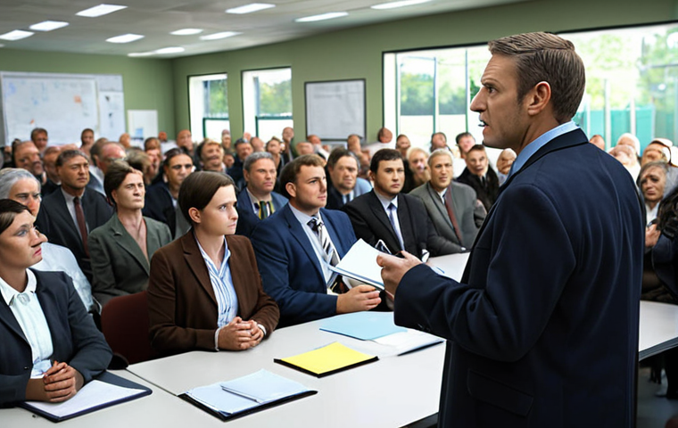 A government manager in a field office, addressing a crowd of local citizens, listening to their concerns and taking notes. Focus on conveying trust and engagement. (Concept: Public Service)