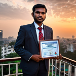 **A recent public administration graduate stands confidently, a license in hand, symbolizing new opportunities in government and private sectors, with a backdrop of Dhaka's skyline at sunset.**