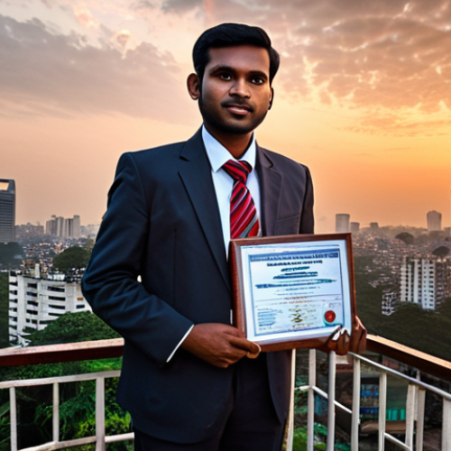 Home 21 **A recent public administration graduate stands confidently, a license in hand, symbolizing new opportunities in government and private sectors, with a backdrop of Dhaka's skyline at sunset.**