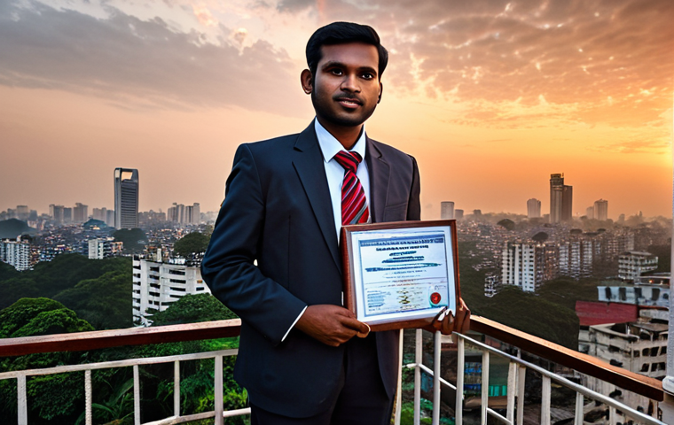 **A recent public administration graduate stands confidently, a license in hand, symbolizing new opportunities in government and private sectors, with a backdrop of Dhaka's skyline at sunset.**