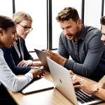 **Brainstorming session in a modern office:** A diverse team of professionals engaging in a lively discussion around a table, with laptops and coffee cups scattered around. Emphasis on active listening, open communication, and collaborative problem-solving in a transparent work environment.