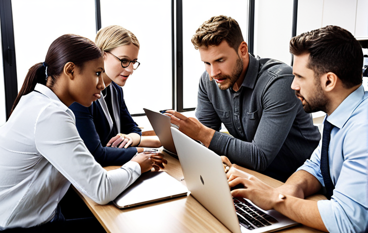 **Brainstorming session in a modern office:** A diverse team of professionals engaging in a lively discussion around a table, with laptops and coffee cups scattered around. Emphasis on active listening, open communication, and collaborative problem-solving in a transparent work environment.