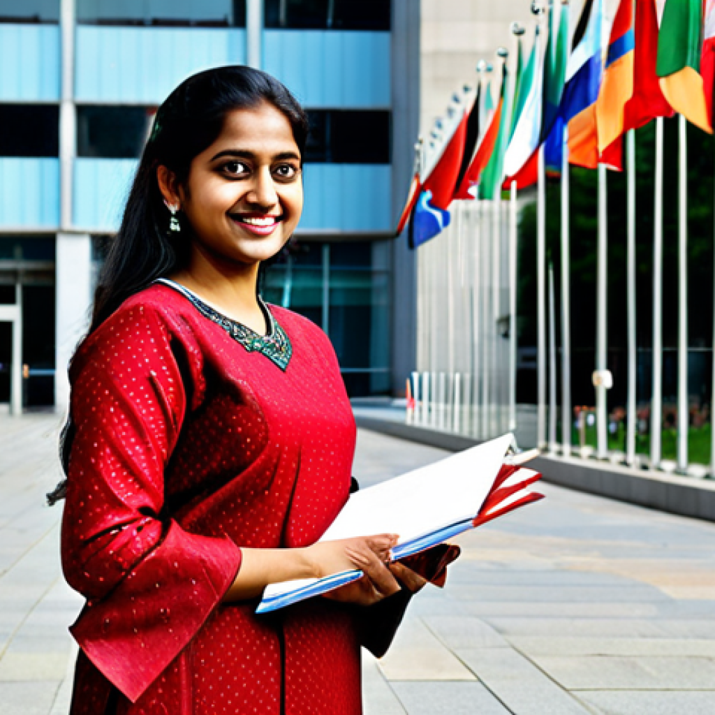Aspiring Public Administrator**
A young, ambitious Bengali woman, fully clothed in professional attire (a salwar kameez or saree suitable for an office), stands confidently in front of the United Nations headquarters in New York City. She holds a folder in her hand and smiles slightly. The background is bright and optimistic, showing the flags of the world. Perfect anatomy, correct proportions, natural pose, well-formed hands, proper finger count, natural body proportions. Safe for work, appropriate content, fully clothed, professional.
**