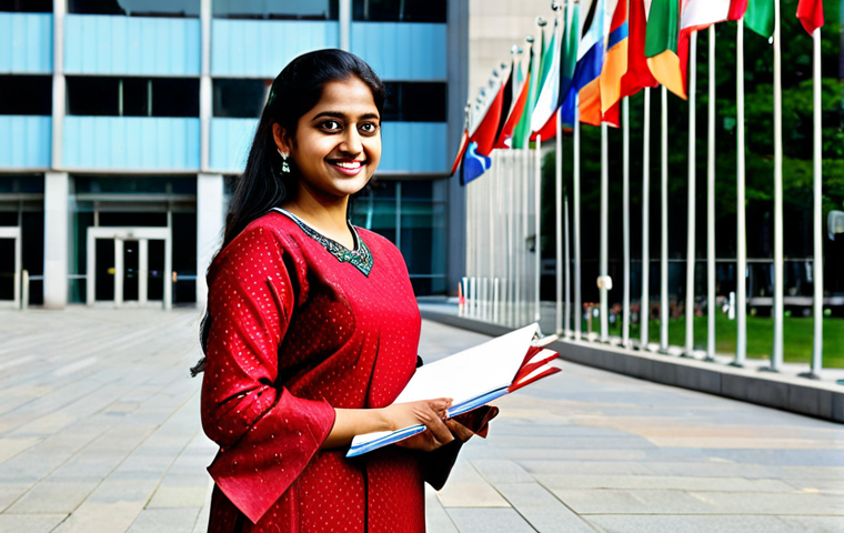 Aspiring Public Administrator**
A young, ambitious Bengali woman, fully clothed in professional attire (a salwar kameez or saree suitable for an office), stands confidently in front of the United Nations headquarters in New York City. She holds a folder in her hand and smiles slightly. The background is bright and optimistic, showing the flags of the world. Perfect anatomy, correct proportions, natural pose, well-formed hands, proper finger count, natural body proportions. Safe for work, appropriate content, fully clothed, professional.
**