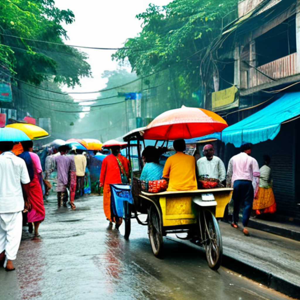 A bustling Dhaka street scene: rickshaws, colorful signs written in Bangla, people in traditional clothing (saris, lungis), street food vendors, monsoon season, vibrant colors, high detail.
