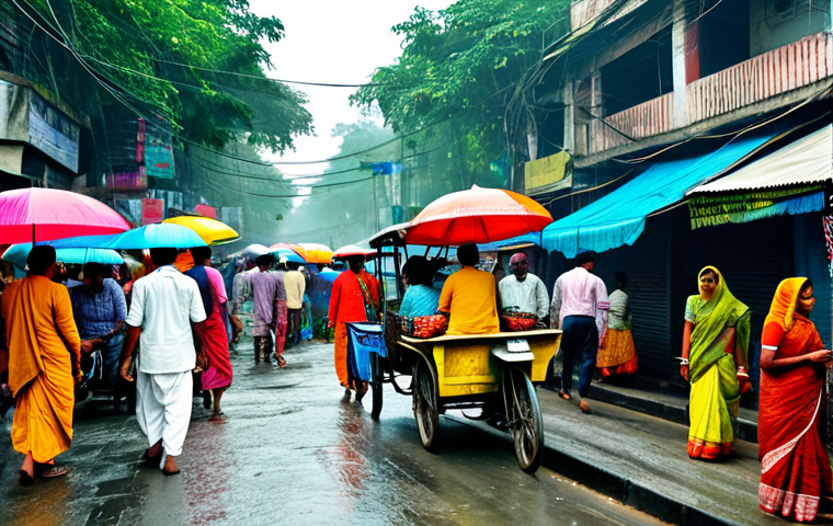 A bustling Dhaka street scene: rickshaws, colorful signs written in Bangla, people in traditional clothing (saris, lungis), street food vendors, monsoon season, vibrant colors, high detail.