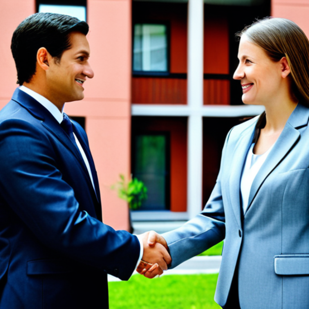 ** A professional female property manager in a modest business suit, shaking hands with a new tenant in front of a well-maintained apartment building. Safe for work, fully clothed, appropriate attire, perfect anatomy, natural proportions, professional.
**