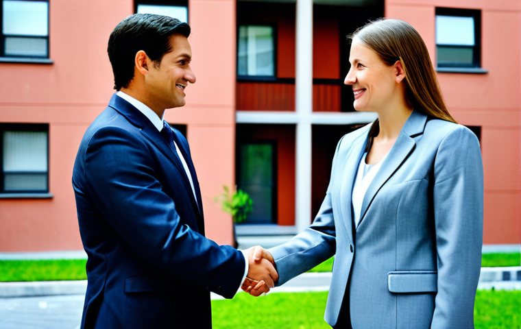 ** A professional female property manager in a modest business suit, shaking hands with a new tenant in front of a well-maintained apartment building. Safe for work, fully clothed, appropriate attire, perfect anatomy, natural proportions, professional.
**
