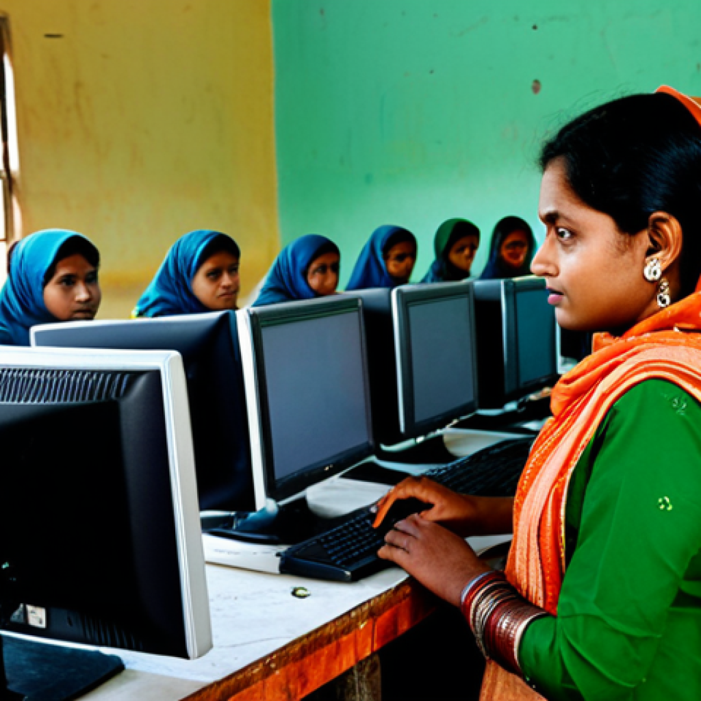 Empowered Citizen**
A Bangladeshi woman in modest, professional attire using a computer at a rural community center. The scene should convey empowerment through access to information. Background: other villagers observing and learning. Safe for work, appropriate content, fully clothed, professional, perfect anatomy, natural proportions, high quality.
**