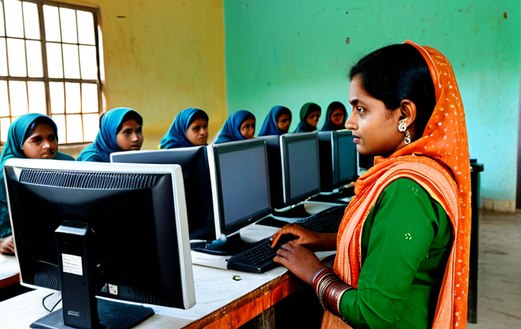 Empowered Citizen**
A Bangladeshi woman in modest, professional attire using a computer at a rural community center. The scene should convey empowerment through access to information. Background: other villagers observing and learning. Safe for work, appropriate content, fully clothed, professional, perfect anatomy, natural proportions, high quality.
**