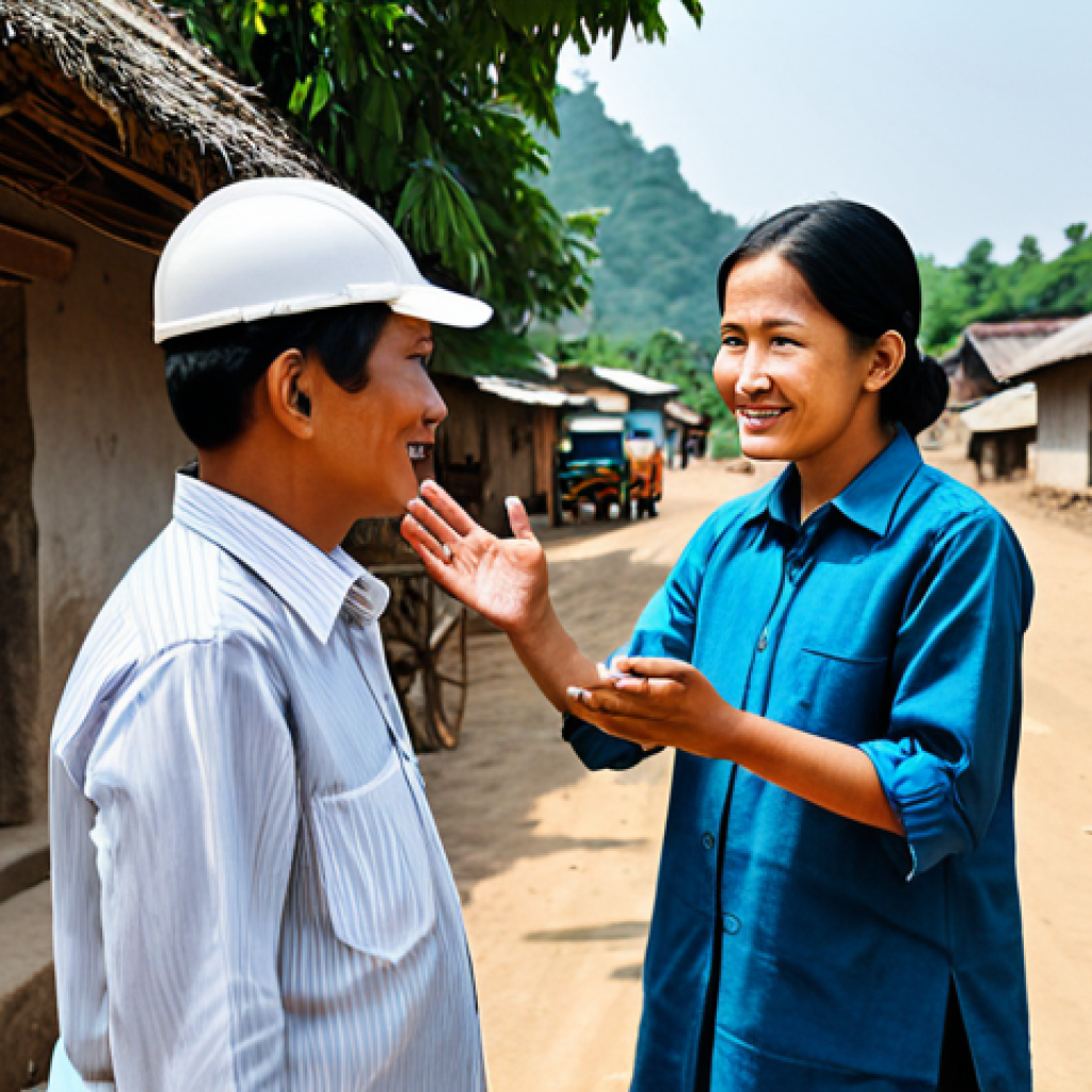 "A government employee in appropriate attire, engaging in clear communication with local villagers, fully clothed, safe for work, illustrating active listening, professional setting, natural body proportions, well-formed hands, modest clothing, family-friendly."