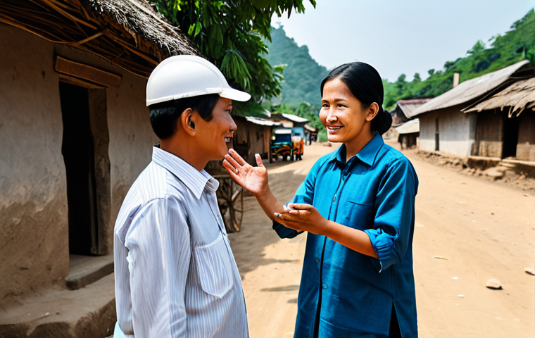 "A government employee in appropriate attire, engaging in clear communication with local villagers, fully clothed, safe for work, illustrating active listening, professional setting, natural body proportions, well-formed hands, modest clothing, family-friendly."
