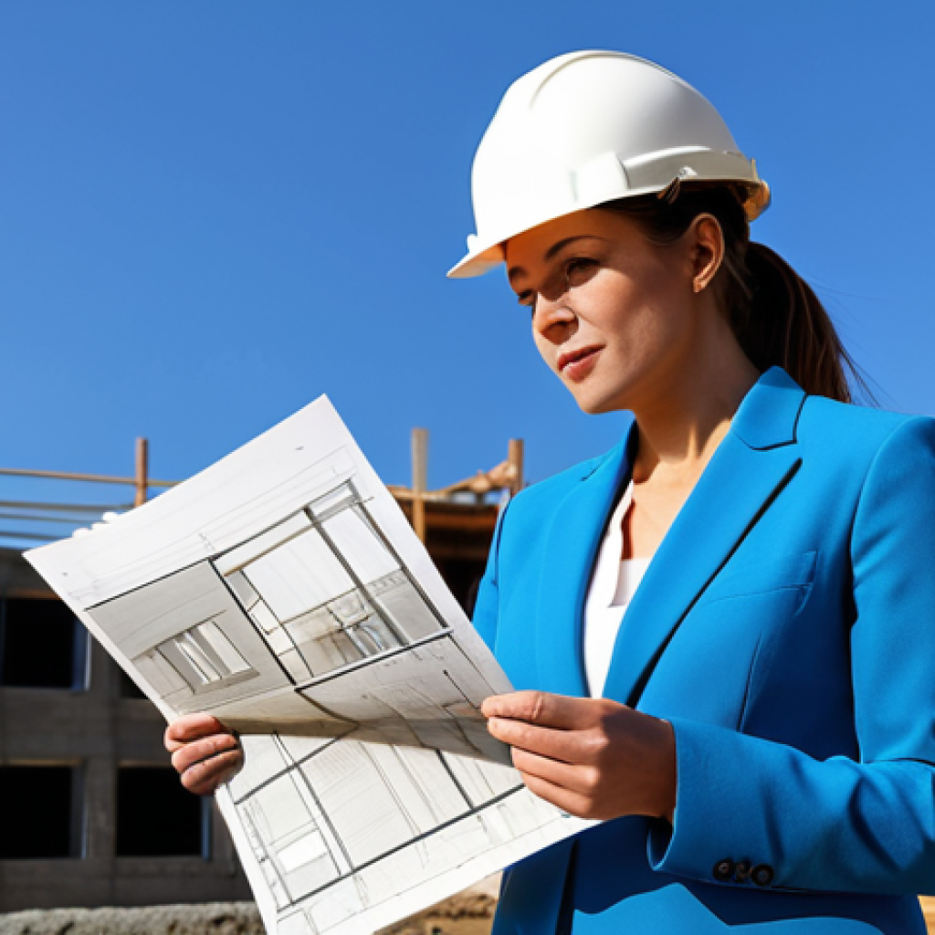 공공관리사와 관련된 최신 연구 주제 - "A professional female architect in a modest pantsuit, reviewing blueprints on a construction site w...