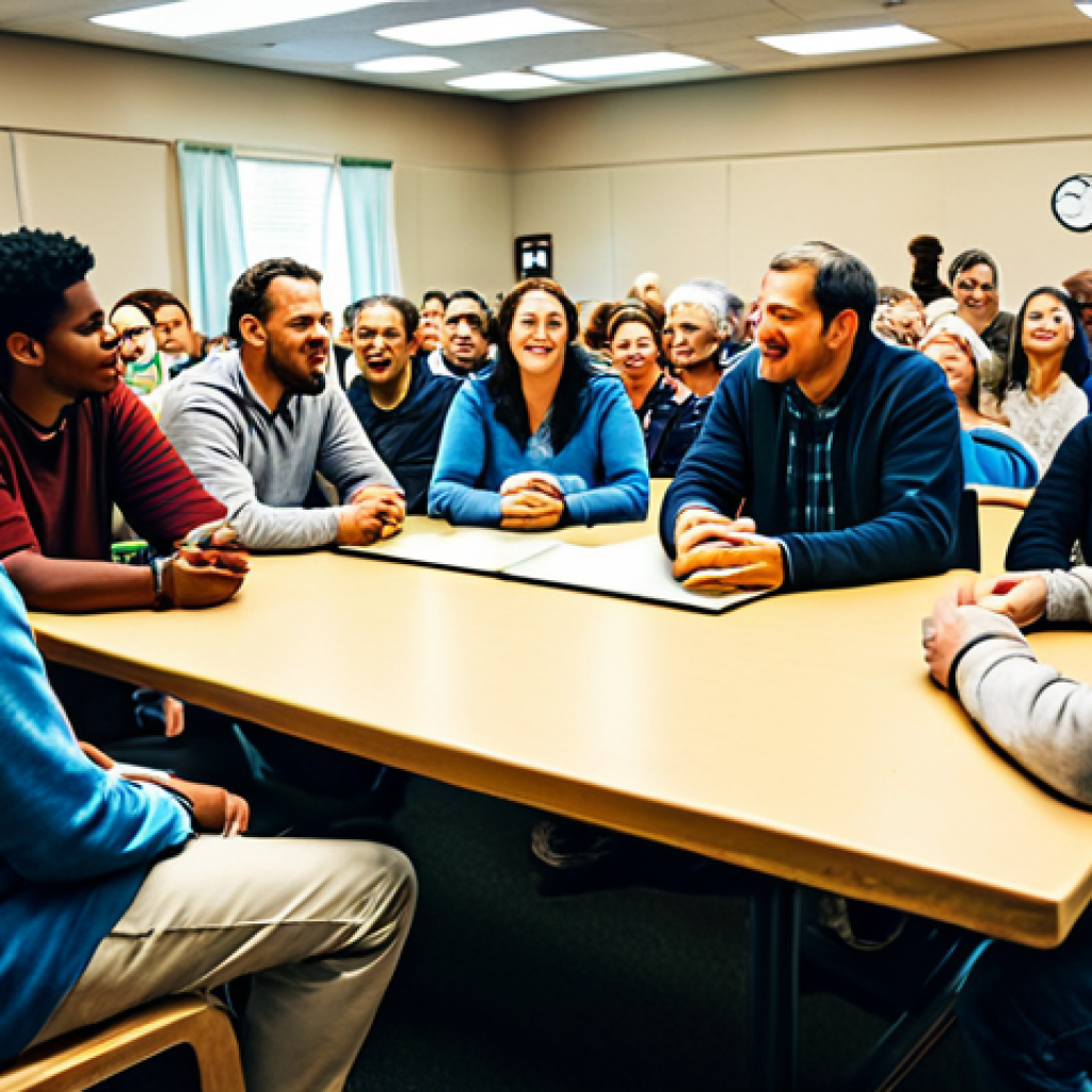 공공관리사 실무 노하우 모음 - **Community Meeting:** "A friendly gathering of diverse, fully clothed residents in a community hall...