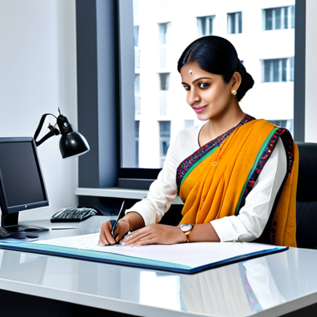 공공관리사 자격증을 통한 경력 개발 성공 사례 - **
A professional government officer in a modest sari, working at a clean desk in a modern office, ...
