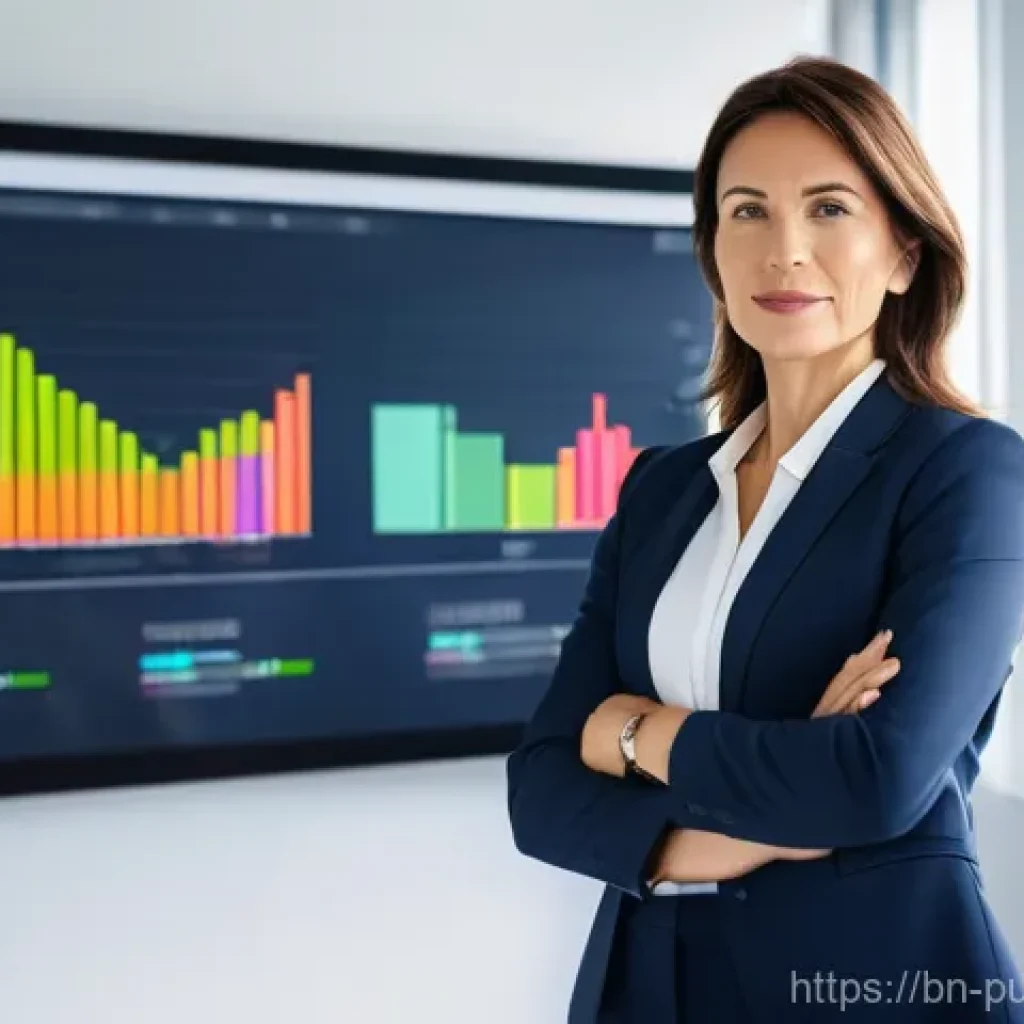 공공관리사 자격증을 활용한 경력 전환 성공 사례 - **Prompt:** A confident woman in her late 40s, dressed in a sharp business suit, stands in a brightl...