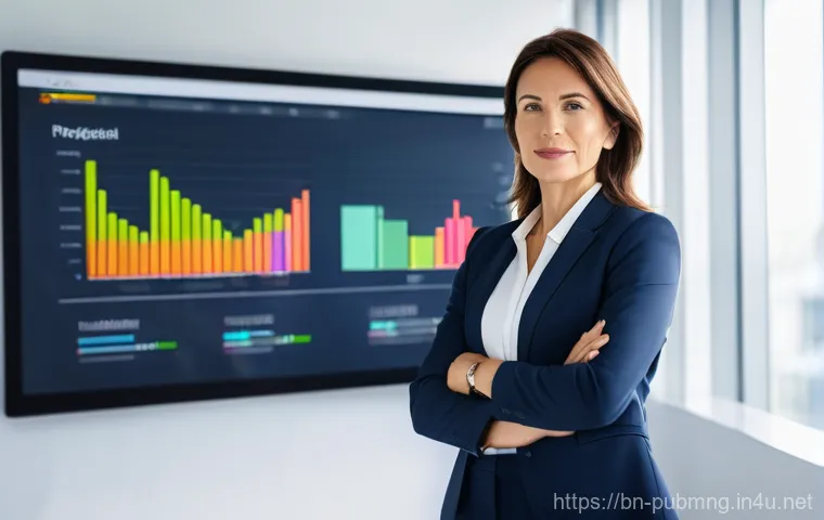 공공관리사 자격증을 활용한 경력 전환 성공 사례 - **Prompt:** A confident woman in her late 40s, dressed in a sharp business suit, stands in a brightl...