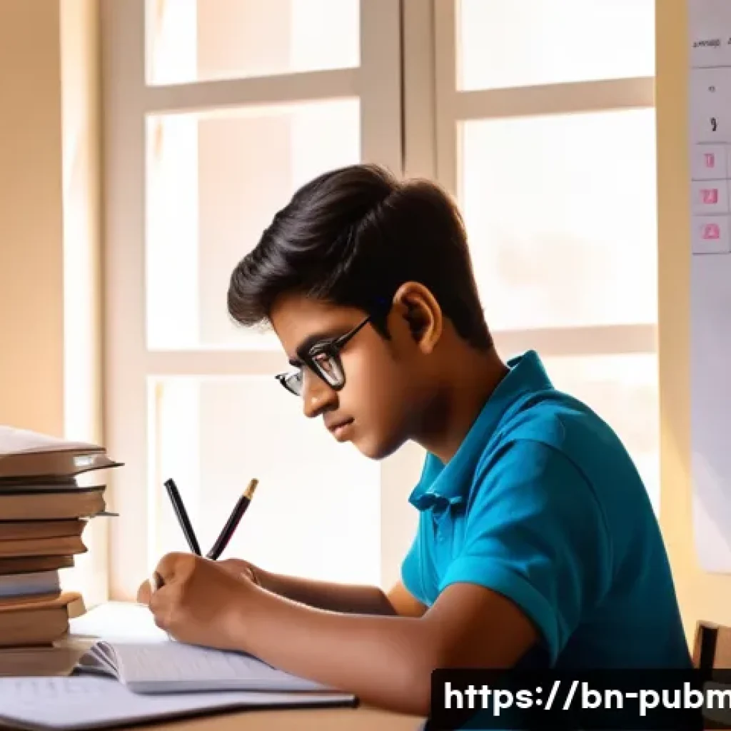 공공관리사 자격증 기출문제 풀이 - A detailed study room scene featuring a young Bengali student preparing for exams, sitting at a wood...