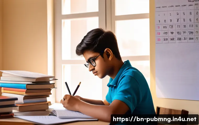 공공관리사 자격증 기출문제 풀이 - A detailed study room scene featuring a young Bengali student preparing for exams, sitting at a wood...