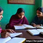 공공관리사 시험 대비를 위한 스터디 그룹 운영 사례 - A diverse group of Bengali students sitting around a table in a cozy study room, actively engaged in...