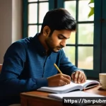공공관리사 시험 대비의 어려움 극복 사례 - A focused Bengali student sitting at a wooden study desk in a quiet, well-lit room, surrounded by ne...