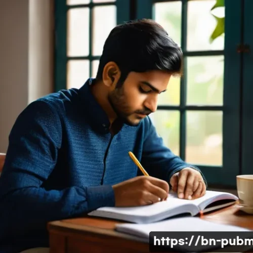 공공관리사 시험 대비의 어려움 극복 사례 - A focused Bengali student sitting at a wooden study desk in a quiet, well-lit room, surrounded by ne...