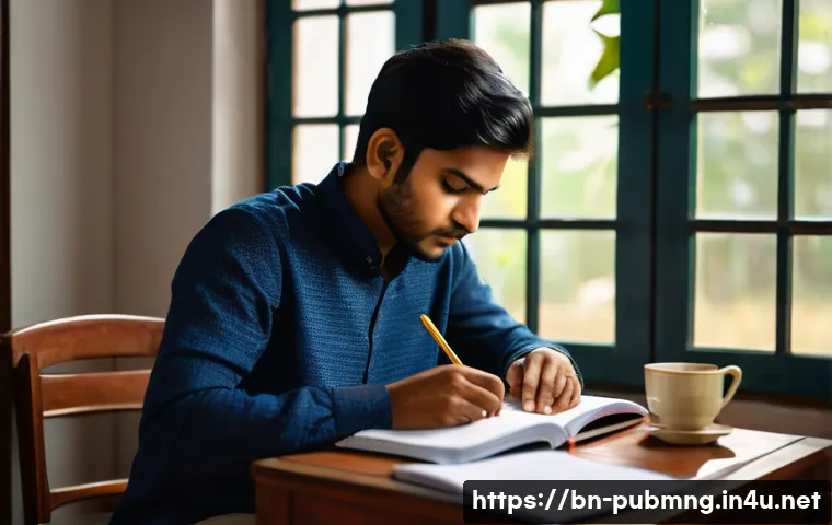 공공관리사 시험 대비의 어려움 극복 사례 - A focused Bengali student sitting at a wooden study desk in a quiet, well-lit room, surrounded by ne...