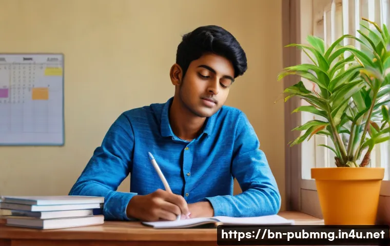 공공관리사 시험 합격생 인터뷰 - A focused Bengali student sitting at a neatly organized study desk in a cozy room with natural morni...