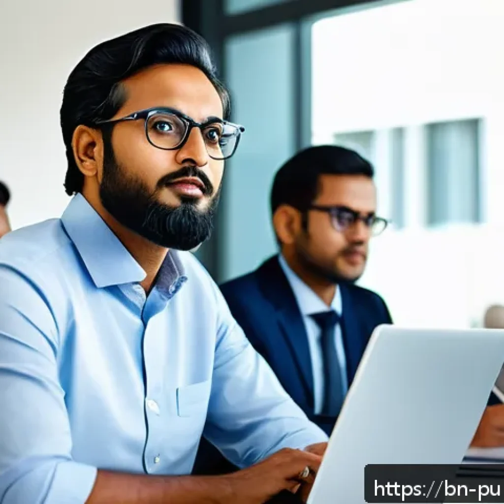 공공관리사 자격증 취득 후 개인적인 성장 경험 - A professional Bengali man in his 30s confidently leading a diverse office team meeting, seated arou...