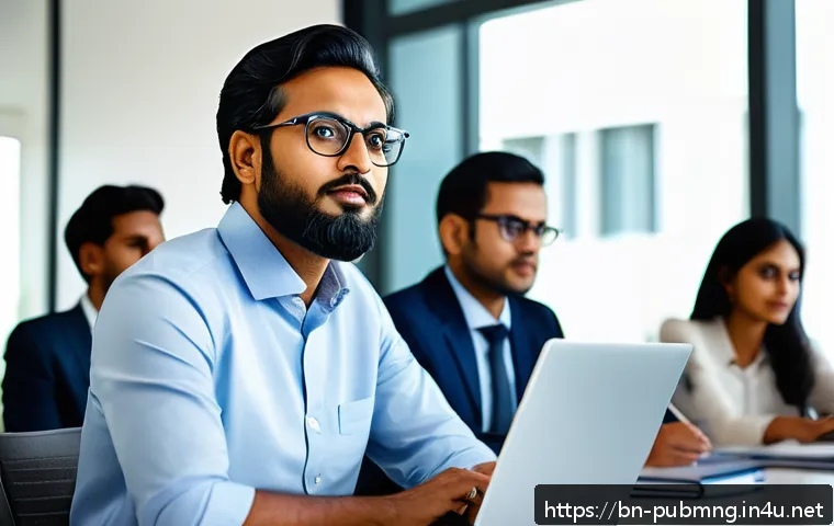 공공관리사 자격증 취득 후 개인적인 성장 경험 - A professional Bengali man in his 30s confidently leading a diverse office team meeting, seated arou...
