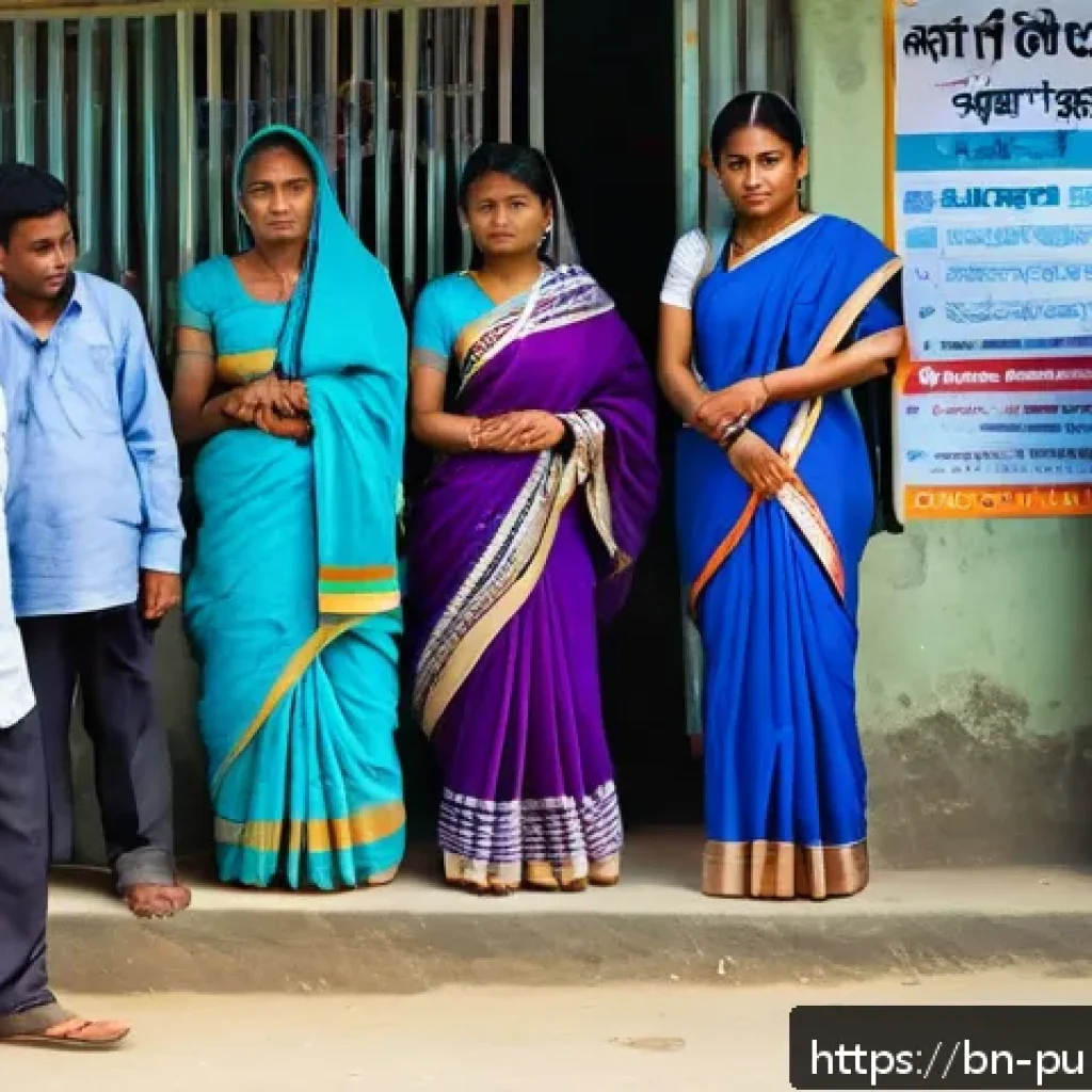 공공관리사 이론과 실무의 차이 - A detailed scene of a rural Bangladeshi government service center with a diverse group of people wai...