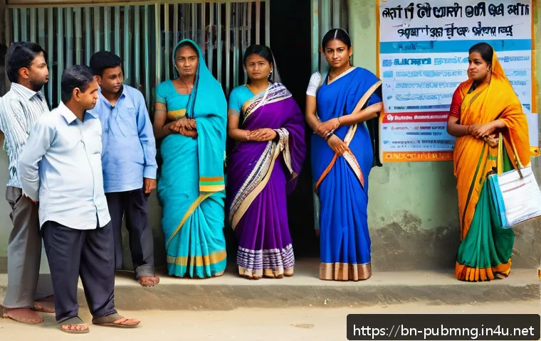 공공관리사 이론과 실무의 차이 - A detailed scene of a rural Bangladeshi government service center with a diverse group of people wai...