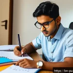 공공관리사 실기시험 준비 과정에서의 교훈 - A focused Bengali student studying at a wooden desk in a cozy, well-lit room filled with colorful st...