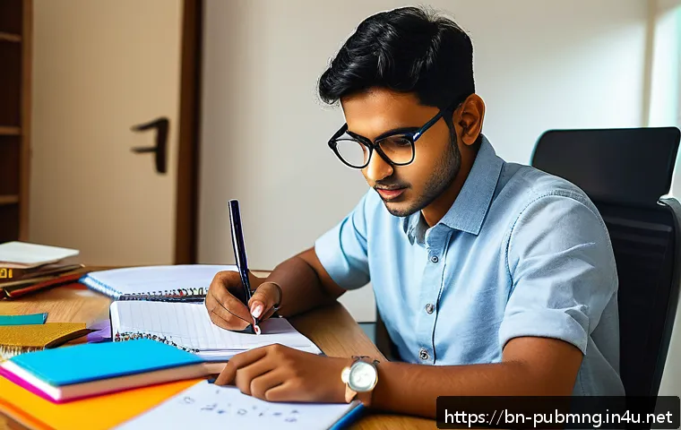 공공관리사 실기시험 준비 과정에서의 교훈 - A focused Bengali student studying at a wooden desk in a cozy, well-lit room filled with colorful st...
