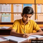 공공관리사 시험 합격 후기 - A detailed study scene featuring a young Bengali student sitting at a wooden desk with neatly organi...