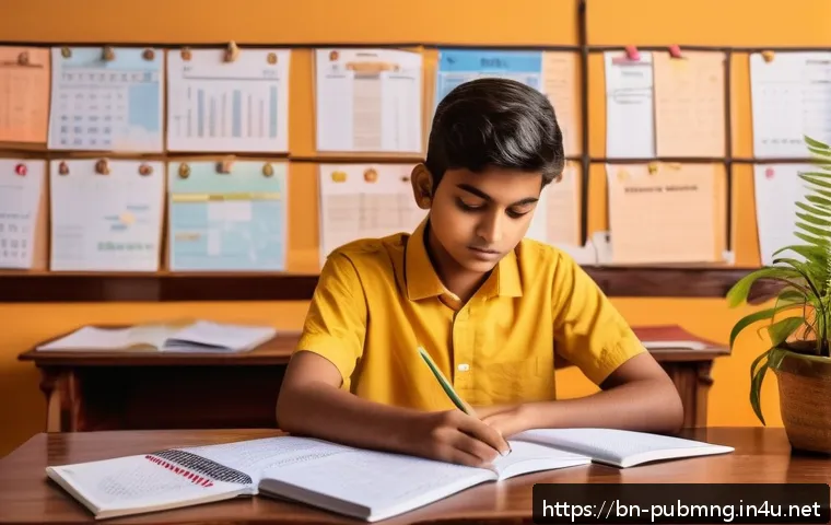 공공관리사 시험 합격 후기 - A detailed study scene featuring a young Bengali student sitting at a wooden desk with neatly organi...