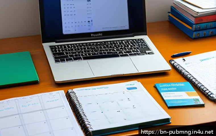 공공관리사 시험 준비를 위한 필수 체크리스트 - A detailed study desk setup for a Bengali student preparing for government job exams, featuring neat...