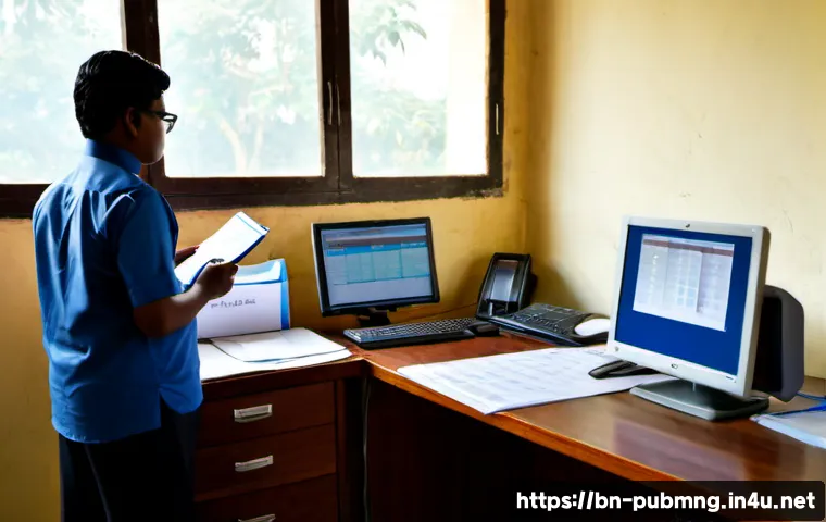 공공관리사 실무에서 자주 사용하는 소프트웨어와 도구 - Photorealistic public administration office in Bangladesh, a professional civil servant using a desk...